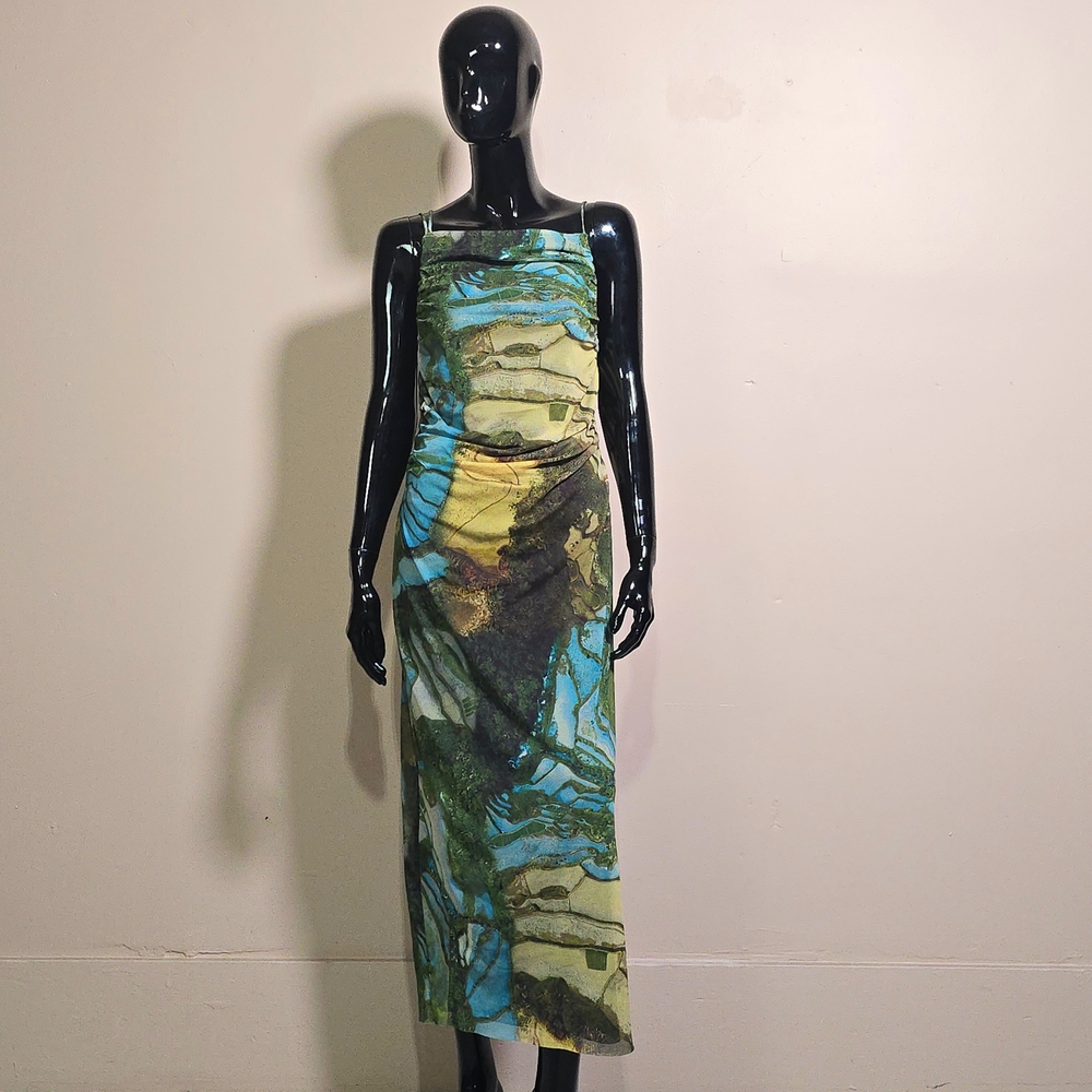 Zara Multicolor Midi Dress with Green and Blue Tones